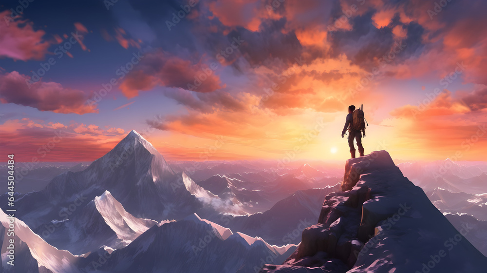 Obraz premium Extreme Climber on top of a high snowy mountain, celebrating his hiking goal during sunset, mountain adventure, generative ai 