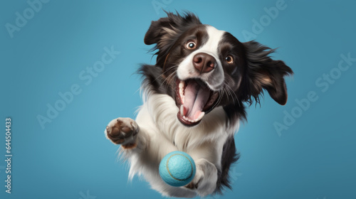 Portrait of dog catching ball on blue background. Pet leaping or jumping in air