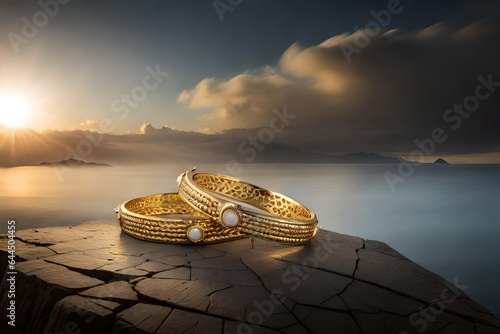Create an AI-generated image showcasing a gleaming gold bangle surrounded by soft ambient lighting, emphasizing its intricate design and reflective surfaces.