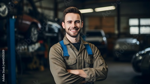 Mechanic, Auto Mechanic at Work: A Smiling Male Technician Against a Garage Background © Sumuditha