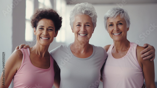 Sports, fitness and friendship: Group of elderly woman people laughing happily, dressed in sportswear on a nude studio background. Generative AI