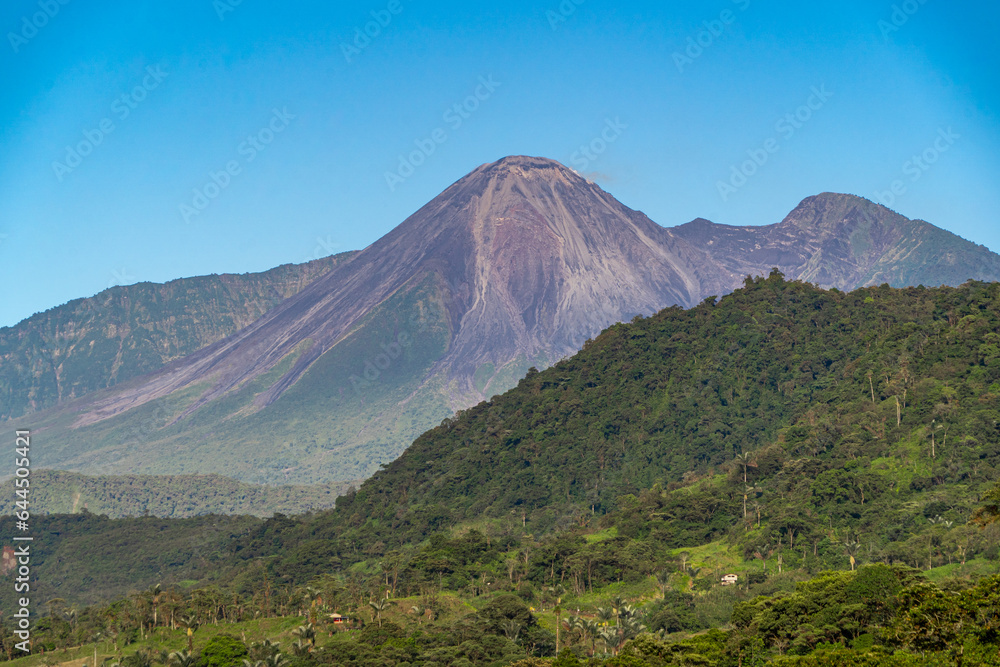 Reventador volcano erupting, landscape located in the Amazon rainforest of Ecuador