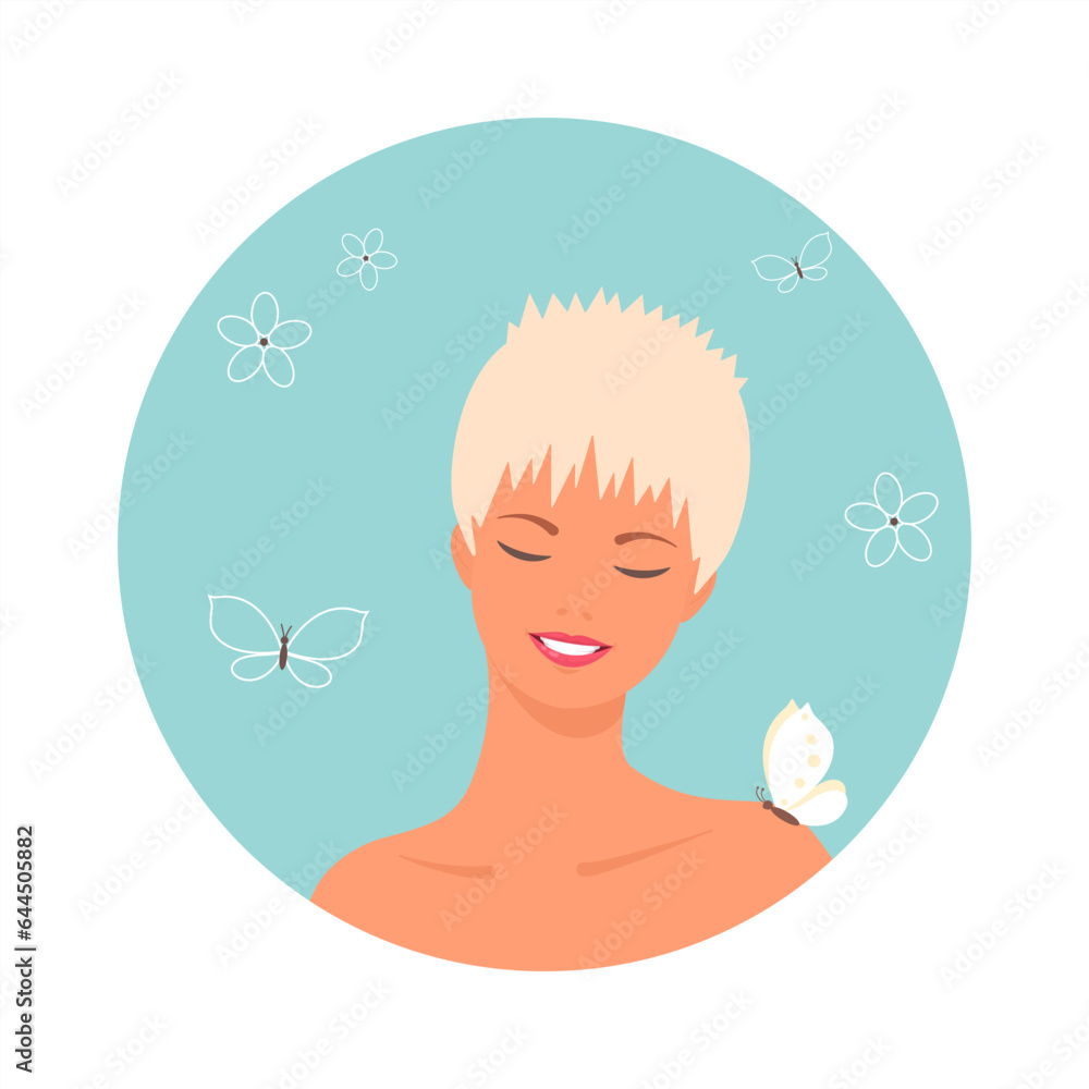 Cute young woman with flower, on blue background. Cartoon flat style. Vector illustration Cute young woman with flower, on blue background. Cartoon flat style. Vector illustration