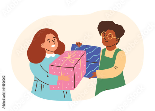 Children giving each other gifts, flat vector illustration isolated on white background.