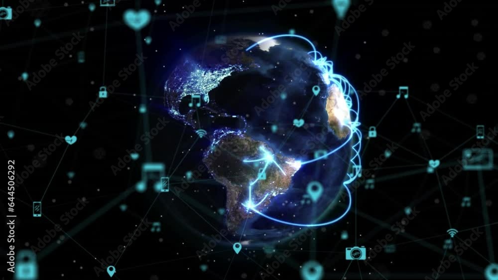 Animation of network of digital icons and blue light trails over spinning globe on black background Animation of network of digital icons and blue light trails over spinning globe on black background