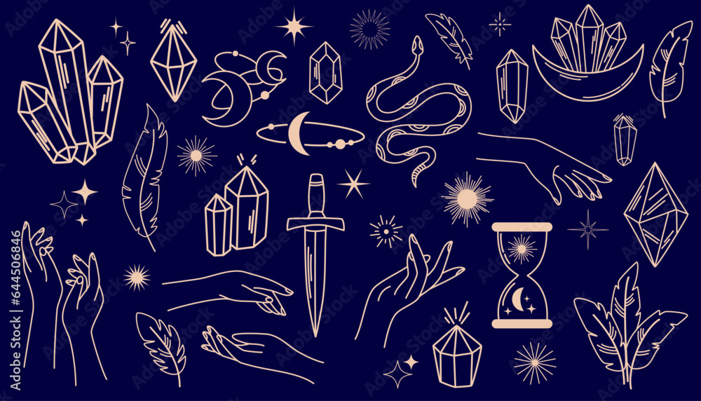 Tarot elements. Stars, hands, crystals, feathers, magic ball, sword and snake in hand drawn doodle sketch style. Linear art of of esoteric, occult, alchemical and witch symbols. Vector Illustration Tarot elements. Stars, hands, crystals, feathers, magic ball, sword and snake in hand drawn doodle sketch style. Linear art of of esoteric, occult, alchemical and witch symbols. Vector Illustration