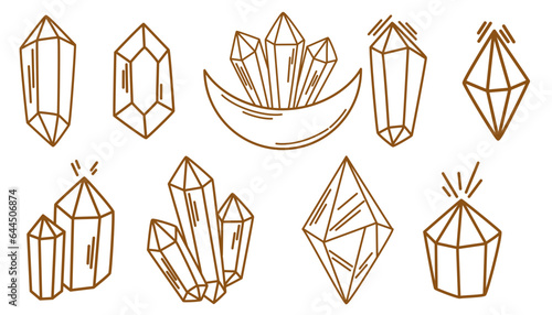 Line diamond jewels. Outline crystal gemstone. Contour gems. Faceted treasure brilliants. Natural minerals in hand drawn doodle sketch style. Vector doodle rocks set.
