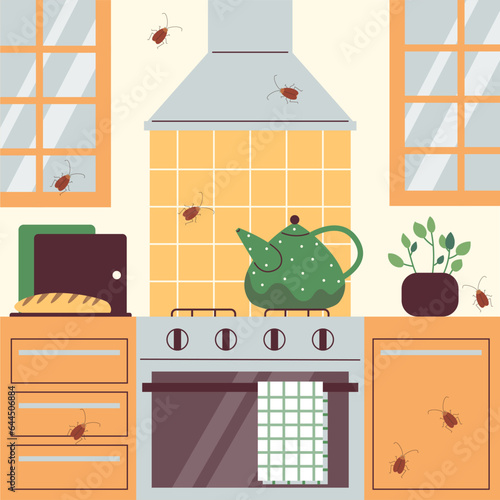 Cockroaches crawling in kitchen, flat vector illustration. Insects extermination concept.