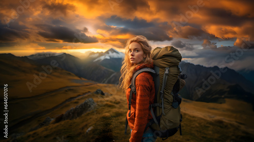 Golden Autumn Hiking women in the mountains during sunset, blonde model girl with backpack walk over the mountains, ai generative 
