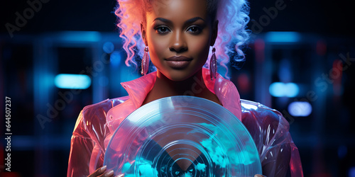 Hübsche Frau als DJ im Neon Licht hält Schallplatte in der Hand im Querformat für Banner, ai generativ
