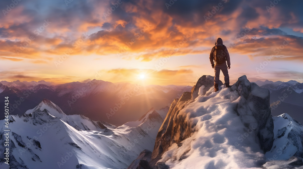 In a serene wilderness, a solitary climber conquers a snowy summit, a triumph of adventure and determination, generative ai  - obrazy, fototapety, plakaty 