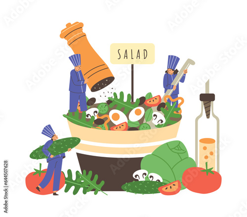 Tiny people making salad, flat vector illustration isolated on white background.