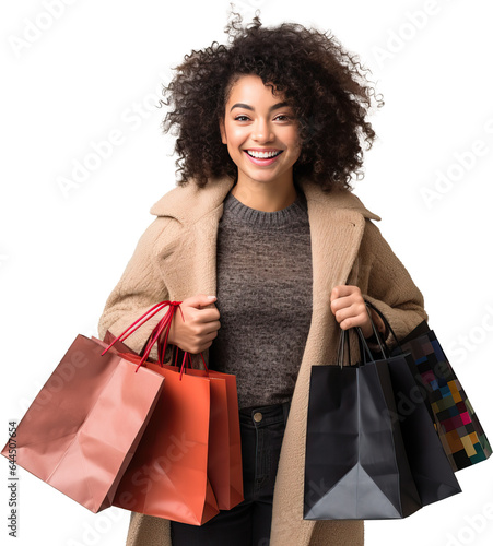 Woman holding shopping bags in both hands, smiling and happy. Could be Black Friday, Cyber monday or spring sale. Isolated on a transparent background.