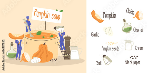 Pumpkin soup recipe with ingredients, flat vector illustration.