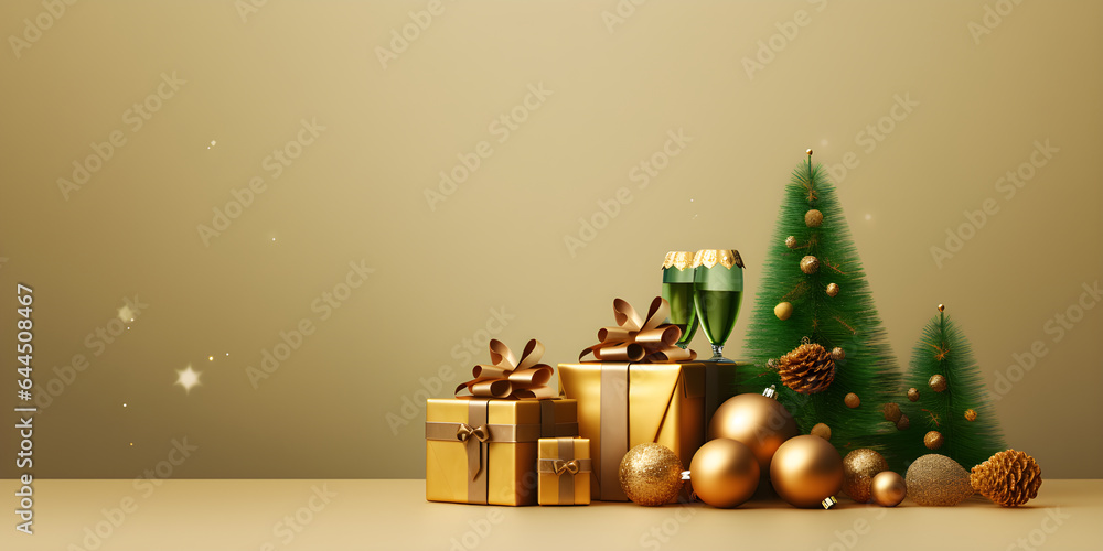 banner celebration day christmas with gift box with velvet ribbon and paper decoration on beautiful background