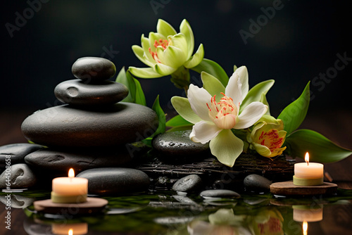 Black stones  candles and flowers on dark background  spa concept