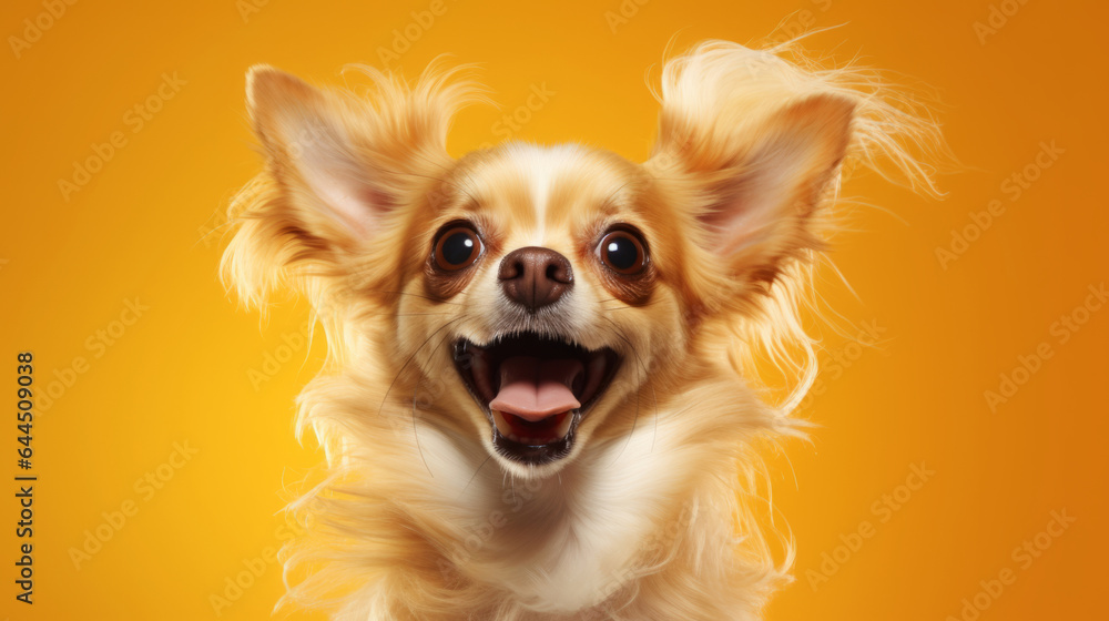 Portrait of happy or excited dog. Looking and posing on flat yellow background Portrait of happy or excited dog. Looking and posing on flat yellow background