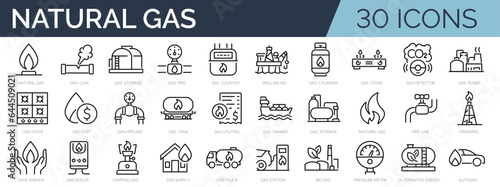 Set of 30 outline icons related to natural gas. Linear icon collection. Editable stroke. Vector illustration photo