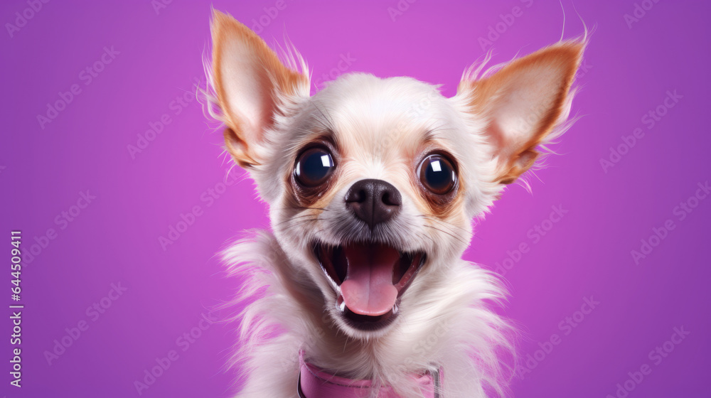 Portrait of happy or excited dog. Looking and posing on flat purple background Portrait of happy or excited dog. Looking and posing on flat purple background