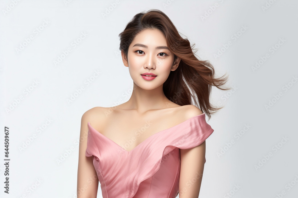 Smiling Beautiful young Asian woman in stylish pink dress in pastel pink dress posing at studio. Generative AI. Smiling Beautiful young Asian woman in stylish pink dress in pastel pink dress posing at studio. Generative AI.