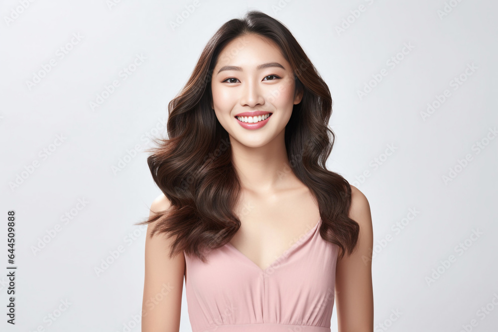 Smiling Beautiful young Asian woman in stylish pink dress in pastel pink dress posing at studio. Generative AI. Smiling Beautiful young Asian woman in stylish pink dress in pastel pink dress posing at studio. Generative AI.