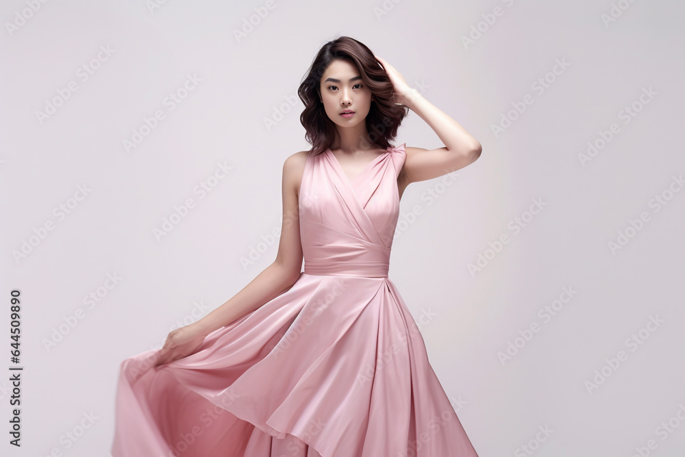 Fototapeta premium Smiling Beautiful young Asian woman in stylish pink dress in pastel pink dress posing at studio. Generative AI.