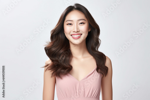 Smiling Beautiful young Asian woman in stylish pink dress in pastel pink dress posing at studio. Generative AI.