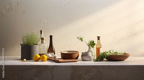 Modern kitchen interior, Kitchen utensils, Cooking ingredients and kitchenware on counter table.