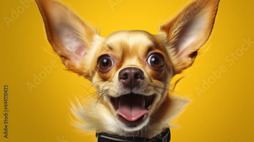 Portrait of happy or excited dog. Looking and posing on flat yellow background