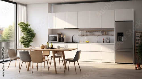 Interior of modern comfortable kitchen room, Modern furniture with utensils, shelves with crockery and plants, refrigerator and table in simple minimal dining room.