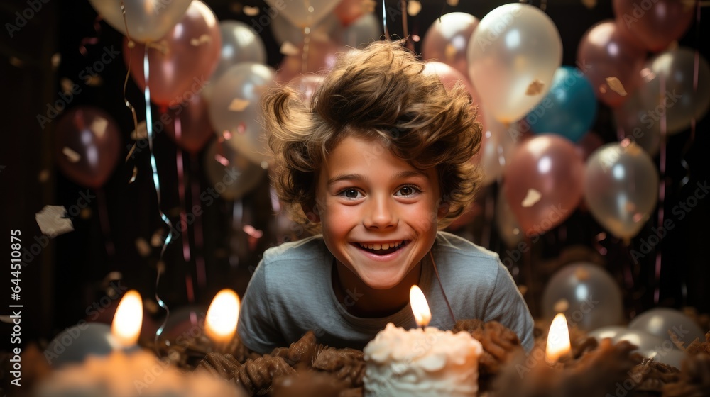 Birthday happy child boy with confetti and balloons on background. Generative AI Birthday happy child boy with confetti and balloons on background. Generative AI