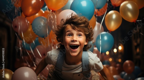 Birthday happy child boy with confetti and balloons on background. Generative AI