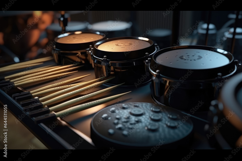 Obraz premium Drums against a dark background, nicely lit before the concert, recording. Generative Ai, Ai.