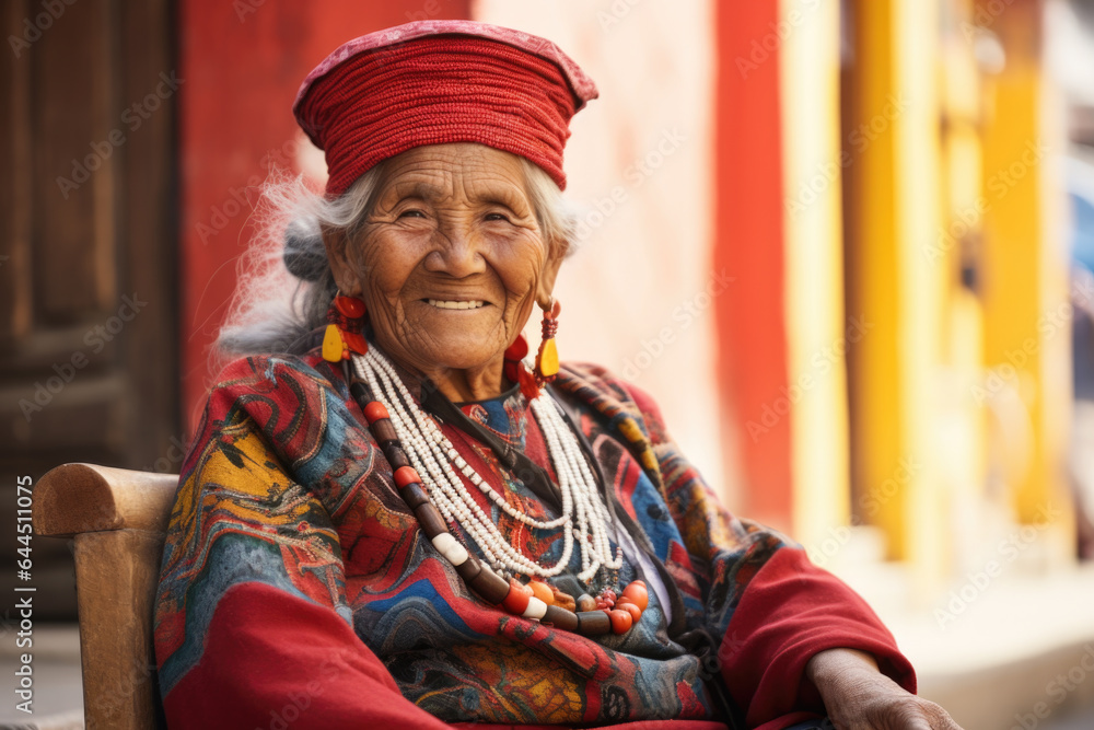  Portrait of South American elderly woman in traditional dress.