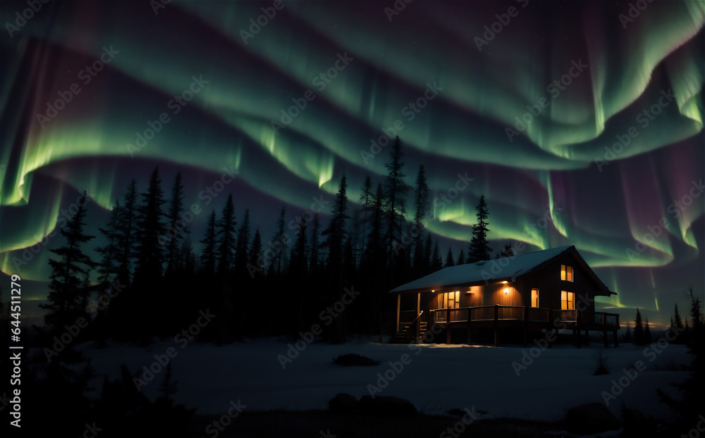 Fantastic winter landscape with wooden house with light in window in snowy mountains and northen light in night sky. Christmas holiday and winter vacations concept