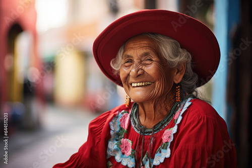  Portrait of South American elderly woman in traditional dress.