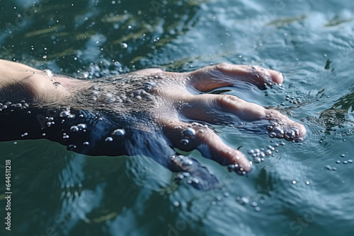 A hand emerging from the water, the concept of drowning and trying to save a drowned man. Generative AI.