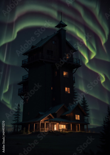 Fantastic winter landscape with wooden house with light in window in snowy mountains and northen light in night sky. Christmas holiday and winter vacations concept © Frozen Design