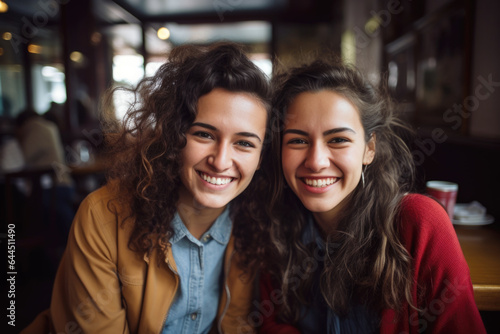Portraits of two female friends sitting together in cafe and having fun in Bogota or Rio or Caracas