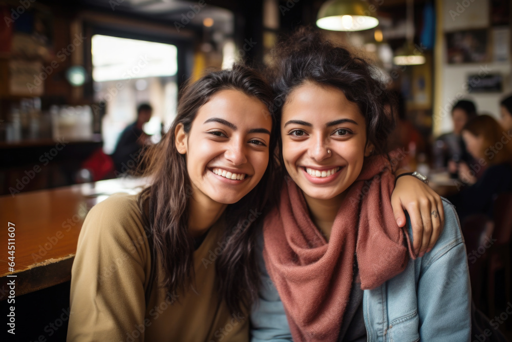 Portraits of two female friends sitting together in cafe and having fun in Bogota or Rio or Caracas Portraits of two female friends sitting together in cafe and having fun in Bogota or Rio or Caracas