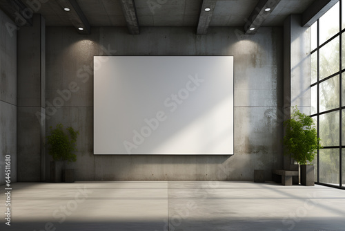 Modern concrete gallery interior with empty white poster on wall. Mock up.