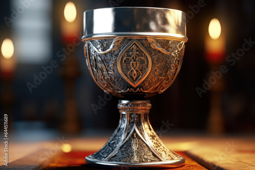 Discovering the holy grail, the golden cup on the table. Generative AI.