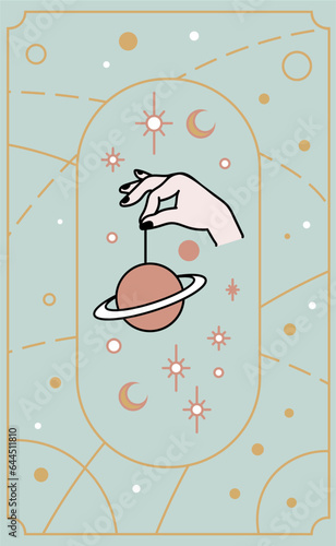 Cosmos tarot cards are created by the hands of God. Hands are set in a simple flat esoteric Boho style. esoteric collection of logos with various symbols such as a planetary cosmic and the moon