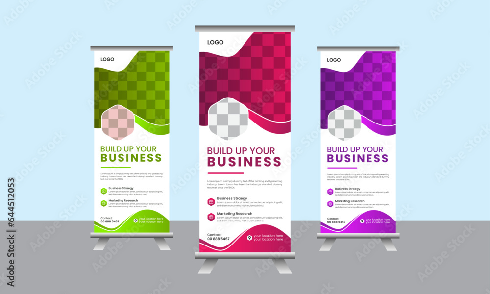 New, professional business roll up banner bundle template with different colors.