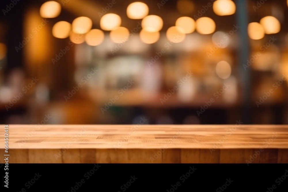 Wooden table top with blur background of coffee cafe. Generative AI. Wooden table top with blur background of coffee cafe. Generative AI.
