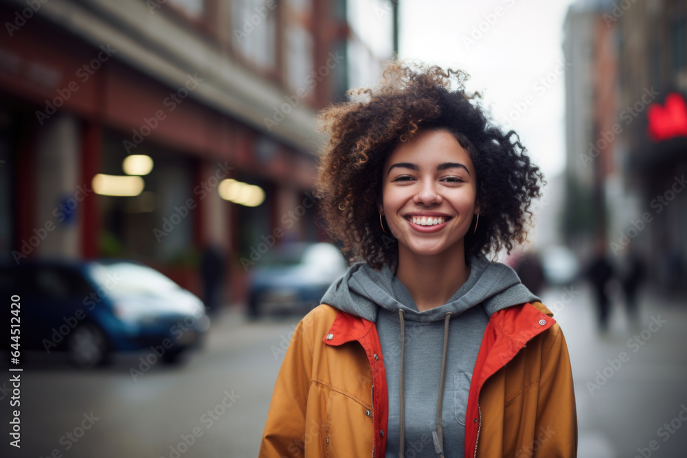 Fototapeta premium Portrait of beautiful young female on the city street in Bogota or Rio or Caracas