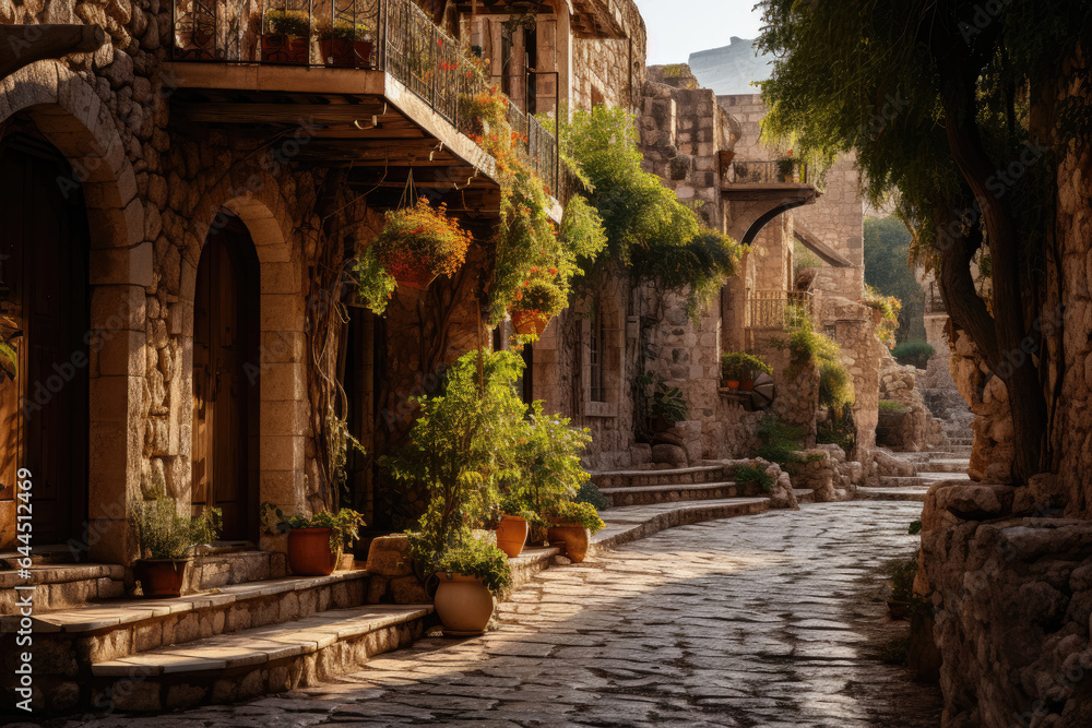 Historic stone buildings lining narrow streets, evoking a sense of old-world charm and cultural heritage.  Generative AI.