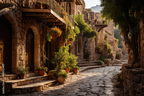 Historic stone buildings lining narrow streets, evoking a sense of old-world charm and cultural heritage. Generative AI.