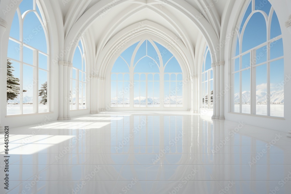 Empty luxury scenes, light walls and white floors, light and bright white styles. Generative AI.