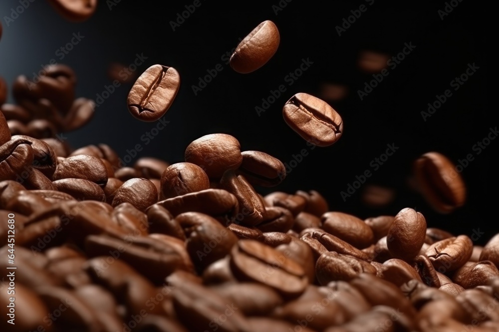 Flying coffee beans close-up. Generative AI. Flying coffee beans close-up. Generative AI.